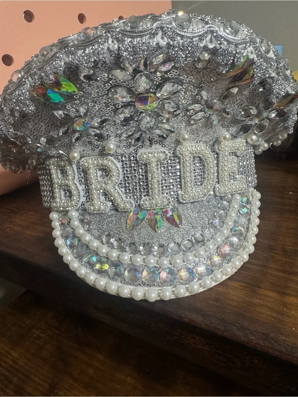 Bridal Embellished Silver Sequin Hat - 'BRIDE' Pearl & Crystal Accent